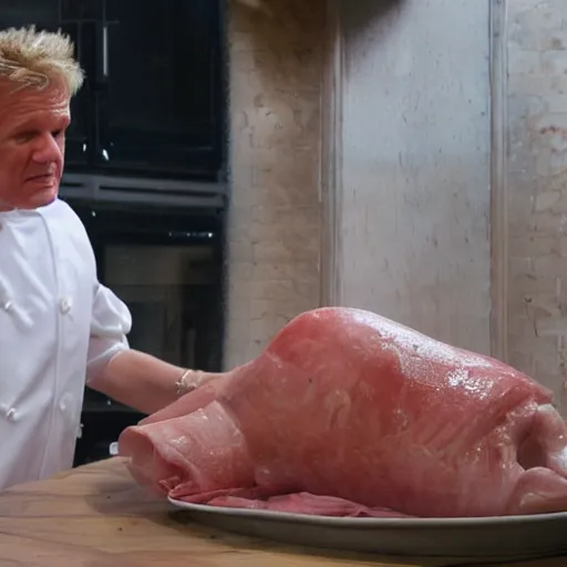 Image similar to gordon ramsay as a cooked leg of ham on a plate