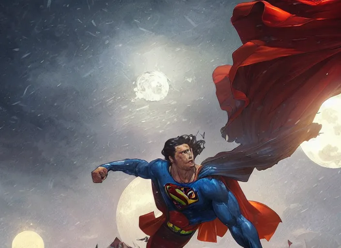 Image similar to giant superman attacking during a blizzard, highly detailed, digital illustration, artstation, concept art, matte, sharp focus, illustration, dramatic, full moon, art by artgerm and greg rutkowski and alphonse mucha