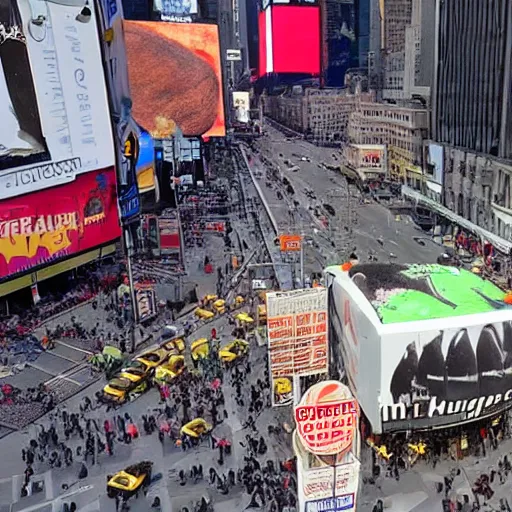 Prompt: news footage of the great hamburger meteor crash site in Times Square, high resolution photo