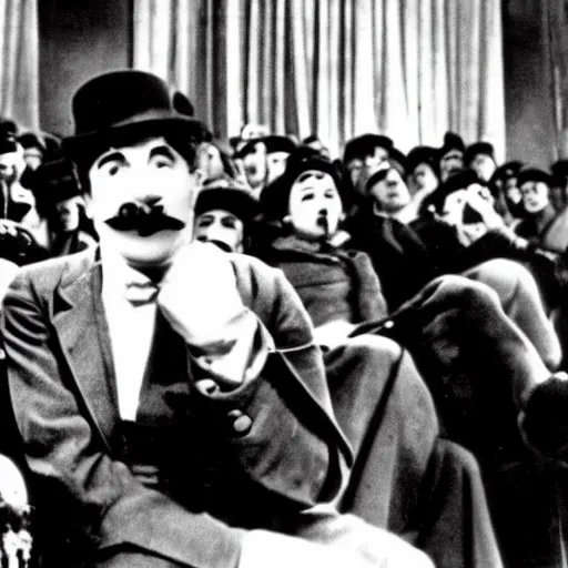 Image similar to silent film still of charlie chaplin's the tramp sitting in the audience of a movie theater, watching a superhero movie projected on the screen