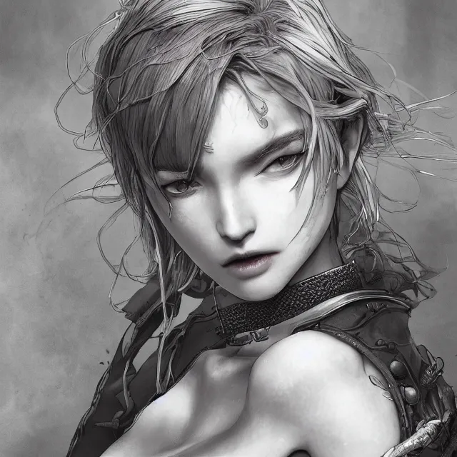 Image similar to the portrait of neutral evil fallen sensual female dark knight vagabond as absurdly beautiful, gorgeous, young gravure idol, an ultrafine hyperdetailed illustration by kim jung gi, irakli nadar, intricate linework, bright colors, octopath traveler, final fantasy, unreal engine 5 highly rendered, global illumination, radiant light, detailed and intricate environment