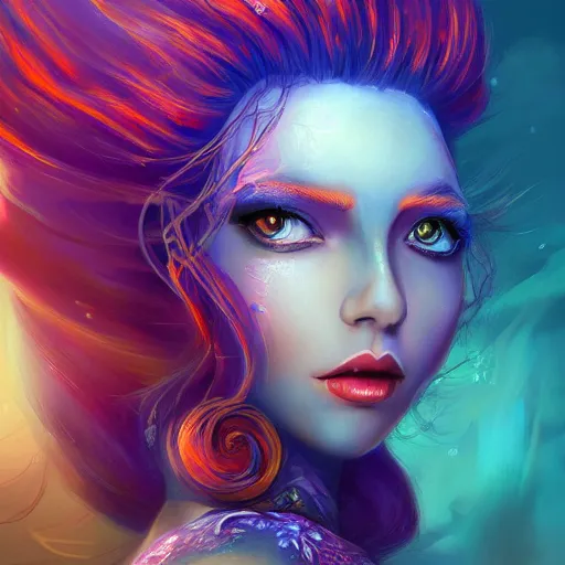 Image similar to a beautiful stunning interesting detailed fantasy whimsical matte digital portrait illustration of a mermaid with turqoise hair, yellow-orange and red-violet sunset, spectacular sunset, a painting by Ross Tran, trending on artstation hq, contest winner