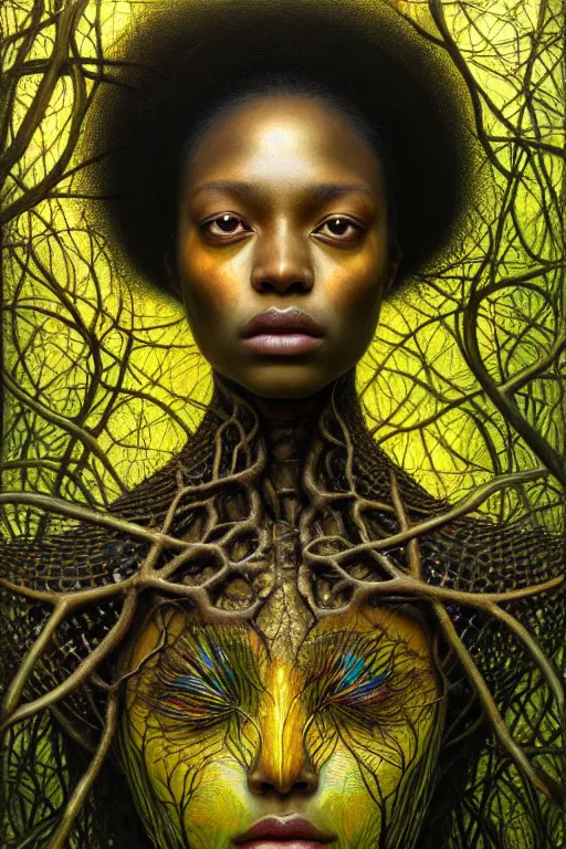 Prompt: hyperrealistic raphaelite super expressive! black woman with detailed exoskeleton armor, merging with tree in a forest, digital painting masterpiece brad kunkle hannah yata dramatic pearlescent yellow light low angle hd 8k sharp focus
