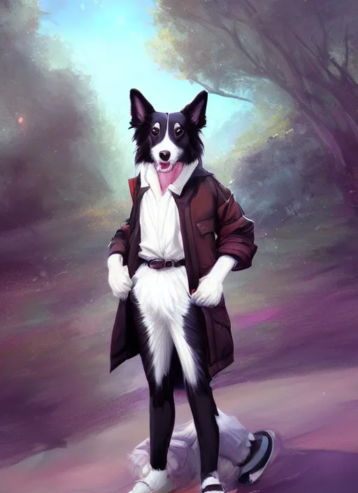 Image similar to wide angle full body portrait of a cute male anthropomorphic border collie fursona wearing a jacket in front of a park, character design by charlie bowater, henry asencio, and ross tran, furry art, furaffinity, scenic background, intricate, elegant, beautiful, fantasy, glamor pose, detailed, trending on artstation