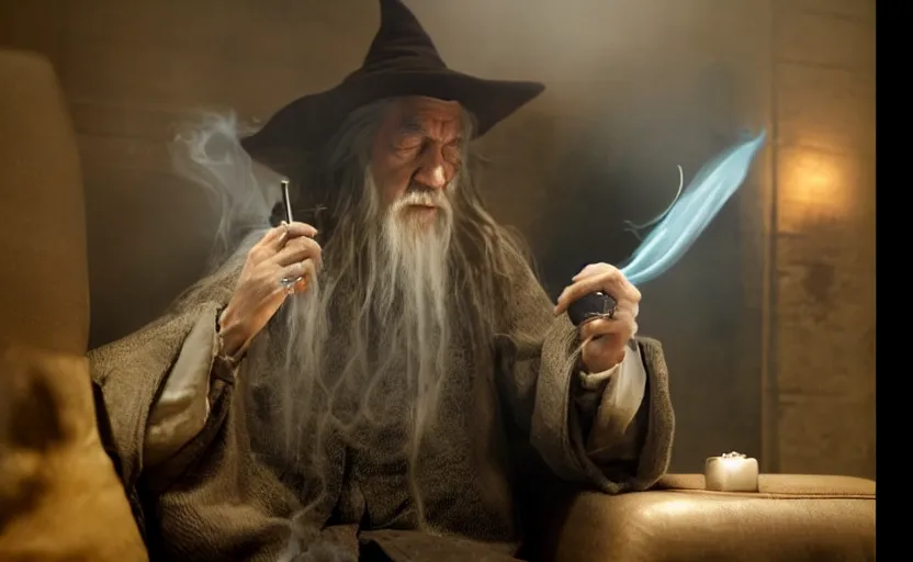 Prompt: a smartphone picture of stoned gandalf smoking a joint sitting on a couch in a night club,
