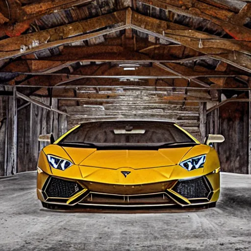 Image similar to lamborghini in a barn, rustic, vintage, aesthetic