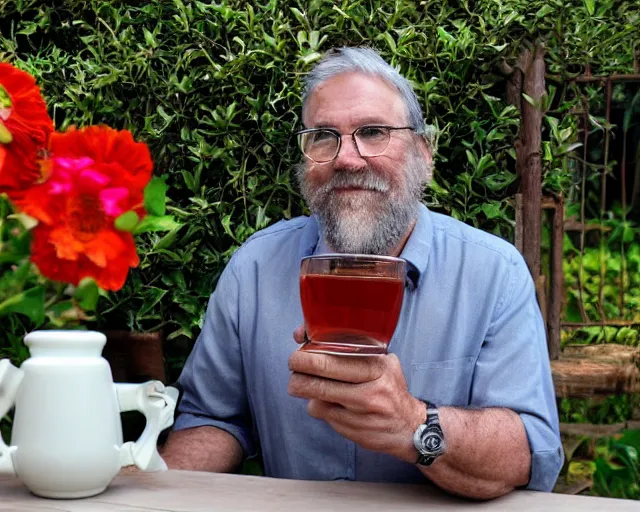 Prompt: mr robert is drinking fresh tea in a garden from spiral mug, detailed face, wearing glasses, grey beard, golden hour, red elegant shirt