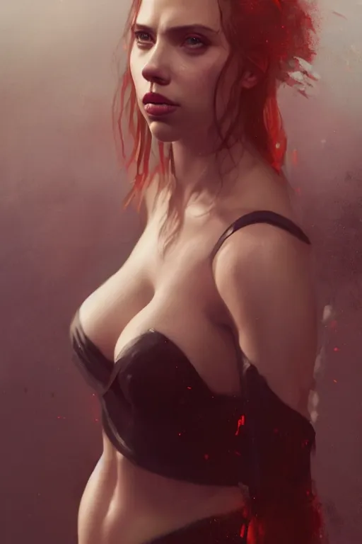 Image similar to a portrait of a very attractive succubi Scarlett Johansson by Greg Rutkowski, Sung Choi, Mitchell Mohrhauser, Maciej Kuciara, Johnson Ting, Maxim Verehin, Peter Konig, final fantasy , mythical, 8k photorealistic, cinematic lighting, HD, high details, atmospheric,