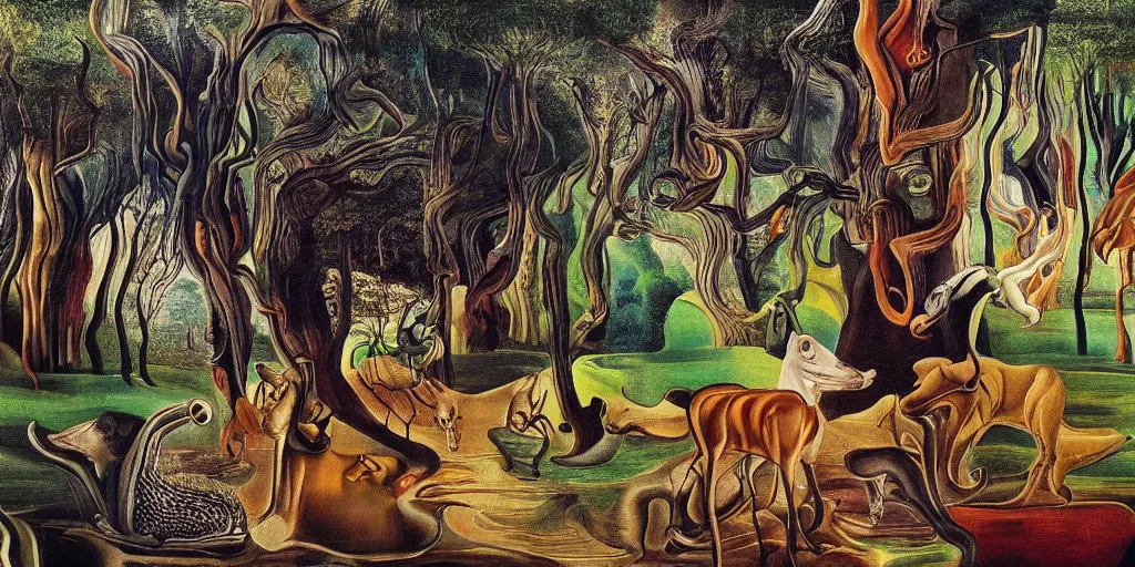 Prompt: Painting of a forest with rivers and animals in the style of Salvador Dali, highly detailed