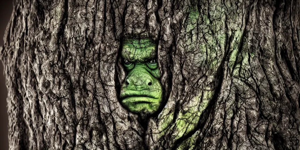 Image similar to a tree that resembles an ogre, closeup, studio lighting, deep colors, apocalyptic setting, dark