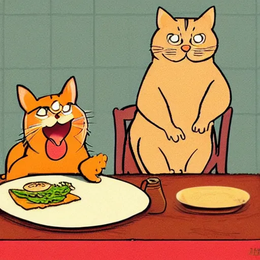 Image similar to fat orange tabby cat next to curly haired man and lasagna on table, by jim davis, garfield comic