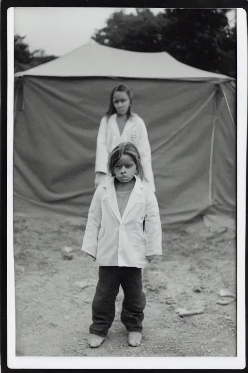 Image similar to photo polaroid of a sad and lonely child in a white coat and barefoot stands in the middle from behind the camera many big tents of field hospitals, pandemic, covid, loneliness, black and white ,photorealistic, 35mm film,