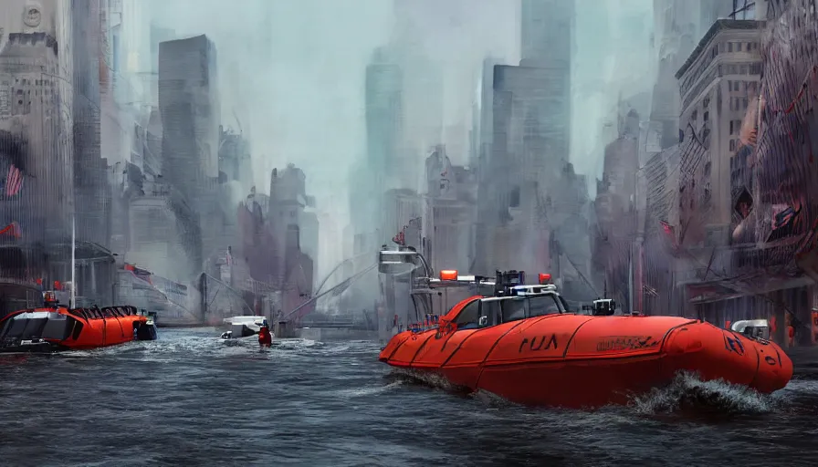 Image similar to rescue boat crossing new york streets after a tsunami, hyperdetailed, artstation, cgsociety, 8 k