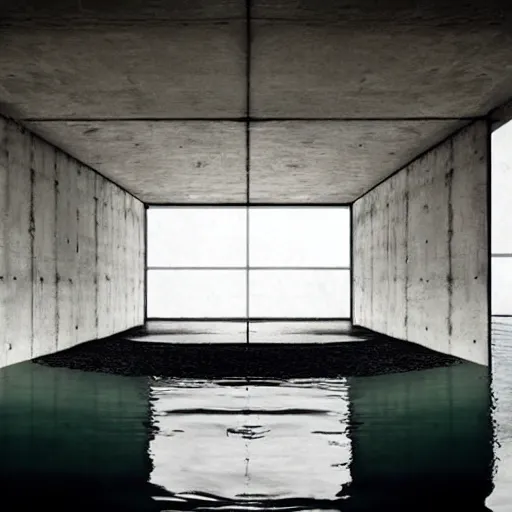 Image similar to underground concrete room, flooded, minimalist architecture, surreal, liminal space, angled walls, high ceiling,