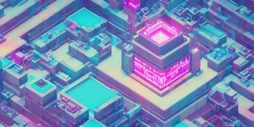 Image similar to isometric voxel art cyberpunk future city at night pink and blue c4d