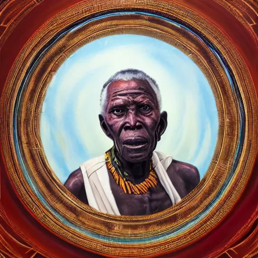 Image similar to a painting of a wise elder from Kenya by Kehinde Wiley . dramatic angle, ethereal lights, details, smooth, sharp focus, illustration, realistic, cinematic, artstation, award winning, rgb , unreal engine, octane render, cinematic light, macro, depth of field, blur, red light and clouds from the back, highly detailed epic cinematic concept art CG render made in Maya, Blender and Photoshop, octane render, excellent composition, dynamic dramatic cinematic lighting, aesthetic, very inspirational, arthouse.