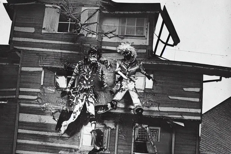 Image similar to A terrible clown chainsaw falls from the roof of a wooden house, 1960, black and white photography