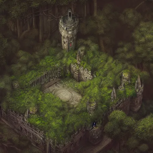 Prompt: giant ancient castle in an forest with some ivy plants on the walls, cinematic, epic, dramatic lighting from above, dark, vines, fantasy, dust, unreal engine, octane, highly detailed, concept art, dark, super realistic,
