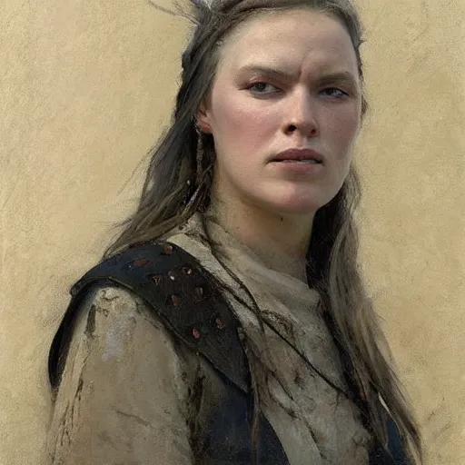 Image similar to Richard Schmid and Jeremy Lipking portrait painting of A shield-maiden (Old Norse: skjoldmø [ˈskjɑldˌmɛːz̠]) was a female warrior from Scandinavian folklore and mythology. Shield-maidens are often mentioned in sagas such as Hervarar saga ok Heiðreks and in Gesta Danorum. They also appear in stories of other Germanic peoples: Goths, Cimbri, and Marcomanni.[1] The mythical Valkyries may have been based on such shield-maidens.[ full-figure