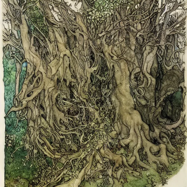 Image similar to a detailed, intricate watercolor and ink portrait illustration with fine lines, of a forest of gnarled trees and mossy ground, by arthur rackham and edmund dulac and ted nutall and mucha