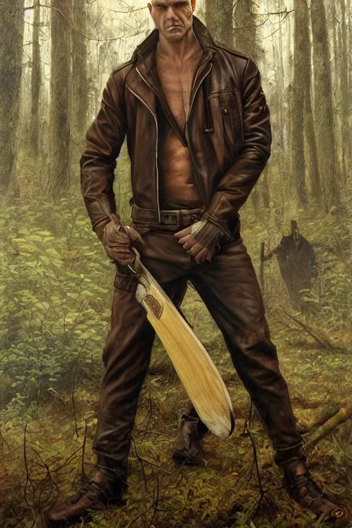 Image similar to a hitman named cobalt wearing a brown leather jacket and wielding a hatchet in the woods. art by tomasz alen kopera.