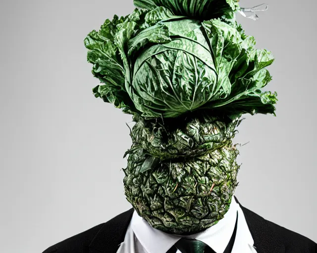 Prompt: a man wearing a cabbage mask, pineapple hat, formal suit, full body, full size, crumpled paper background, hyperrealistic, highly detailed, sharpness, dramatic lighting, modern detailed photo, by mark simonetti, hans giger, david lynch