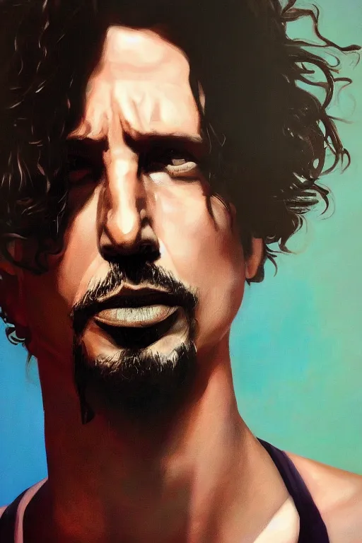 Prompt: chris cornell, a dramatic portrait of chris cornell, clear chris cornell's face, vivid colors, soft lighting, atmospheric, cinematic, moody, in the style of jenni saville and krenz cushart, oil on canvas, 8 k