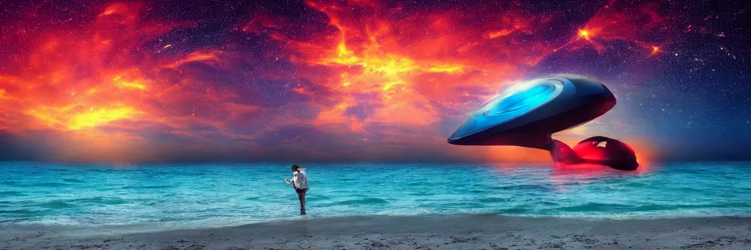 Prompt: a giant glowing spaceship floating in the ocean, an old soul standing on the beach overlooking, sunset and colorful sky with many stars