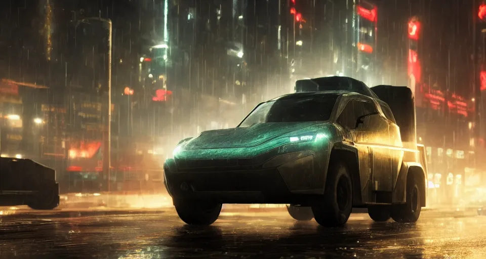 Image similar to closeup photo of combat tesla cybertruck driving on wet dystopian cyberpunk city streets at night, mad max, action, speed, volumetric lighting, hdr, need for speed, gta 5, forza, ridley scott, makoto shinkai, syd mead, craig mullins, cinematic, fast and furious, blade runner, octane, 8 k, iso 1 0 0, 1 2 mm