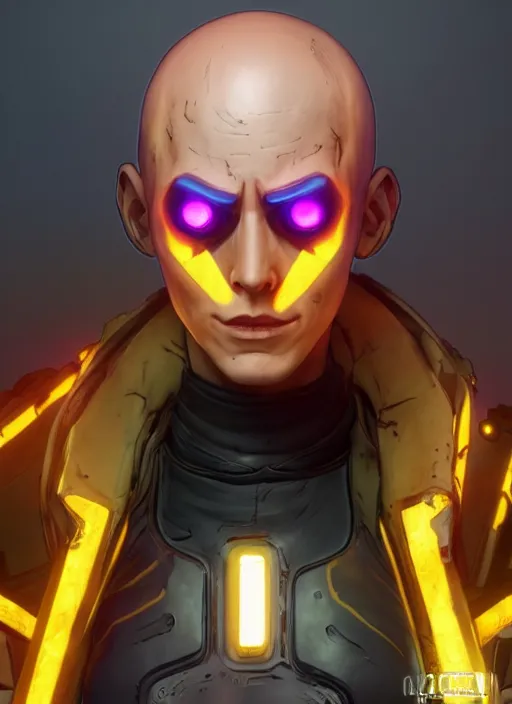 Image similar to glowwave portrait of saitama from borderlands 3, au naturel, hyper detailed, digital art, trending in artstation, cinematic lighting, studio quality, smooth render, unreal engine 5 rendered, octane rendered, art style by klimt and nixeu and ian sprigger and wlop and krenz cushart.