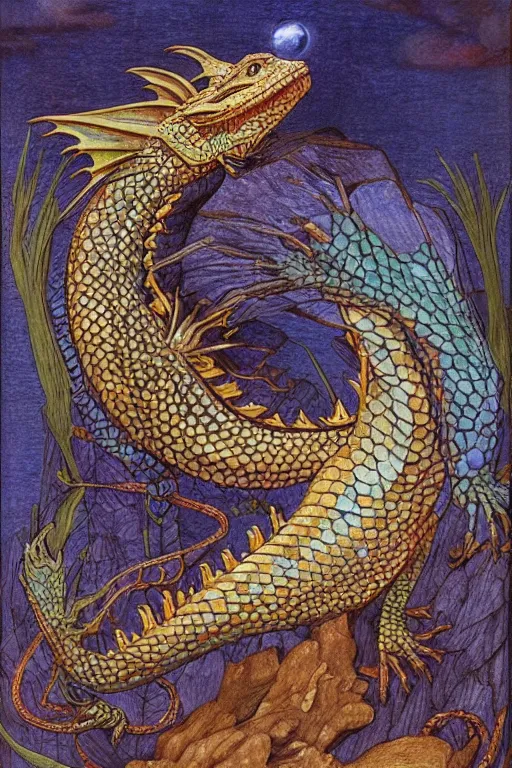 Prompt: beautiful dragon with the moonlight shining on its scales | bejeweled lizard | pre-Raphaelites | Evelyn De Morgan and John Waterhouse | medieval painting | rich colors