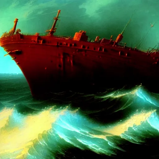 Prompt: bloody ocean, rusted iron ship sinking in red blood ocean, by hideaki anno, Ivan Aivazovsky, junji ito, hd 8k,