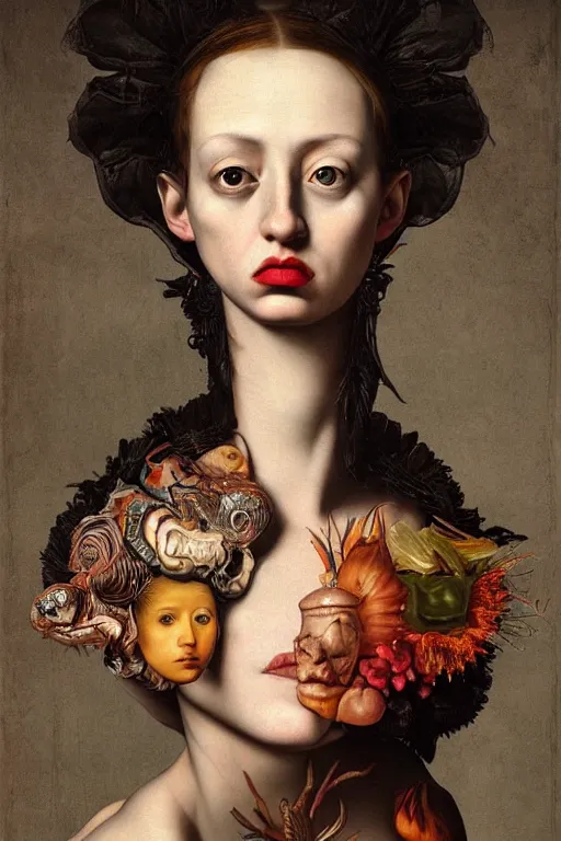 Image similar to Detailed maximalist portrait with large lips and with large wide eyes, surprised expression, extra flesh and eyes, HD mixed media, 3D collage, highly detailed and intricate, surreal illustration in the style of Caravaggio, dark art, baroque