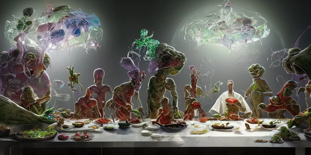 Prompt: !view from the kitchen, chefs cooking, in the background we see 13 diverse aliens enjoying a rich salad around a marble table, !positioned as last supper cinematic lighting, crystals and diamonds, fantasy, surreal, floating, highly detalied, 4k, artstation, by Wayne Barlowe