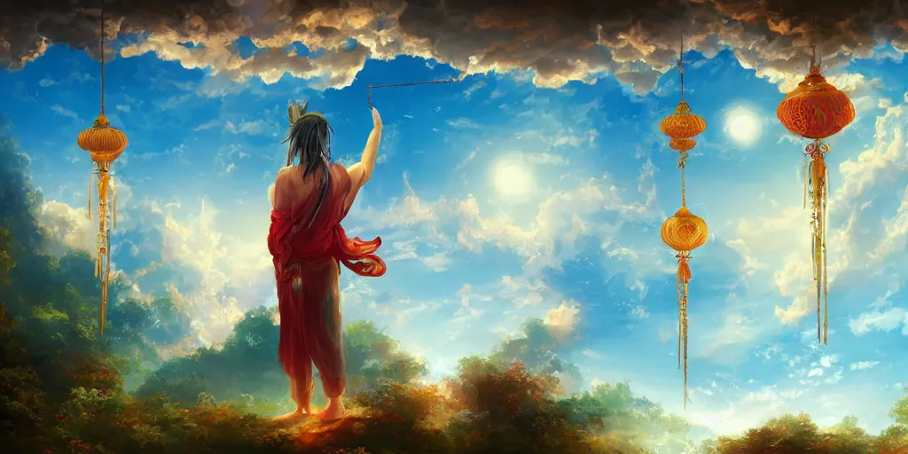 Image similar to painting of wind god enjoying the view from his heavenly palace, decorated with windchimes and paper lanterns, nature and clouds in background, digital art, trending on artstation