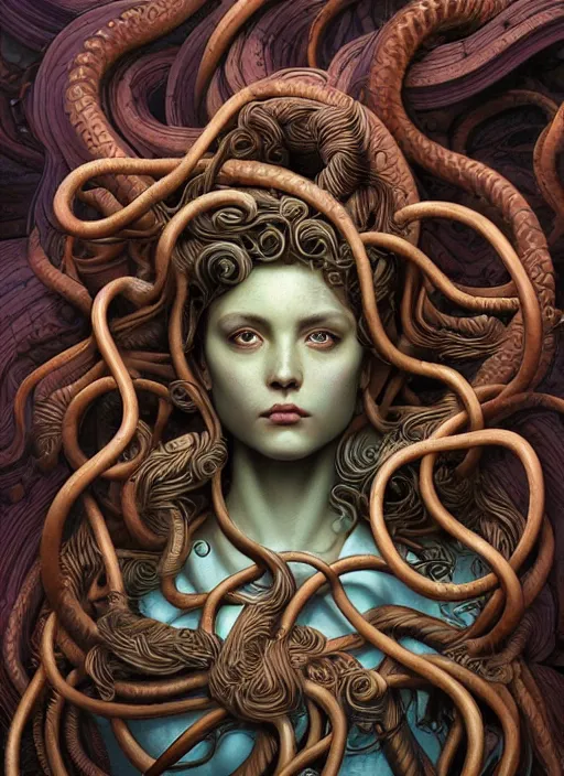 Image similar to medusa, wooden art nouveau swirls, strong subsurface scattering, cables, tubes, subsurface scattering, in the style of james jean and tomasz alen kopera and ross draws, subsurface scattering, mystical colors, rim light, soft lighting, 8 k, stunning scene, raytracing, octane render, trending on artstation