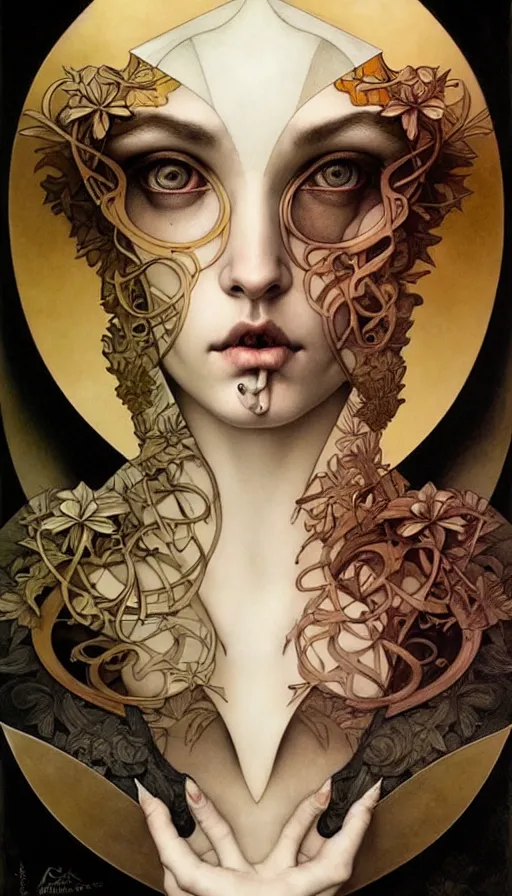 Image similar to M. C. Escher looking puzzled painted by tom bagshaw, mobius, mucha M. C. Escher, gold paint, ink, gnarly details