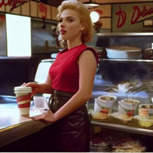 Image similar to Scarlett Johansson serving coffee at the double r diner in Twin Peaks (1990)