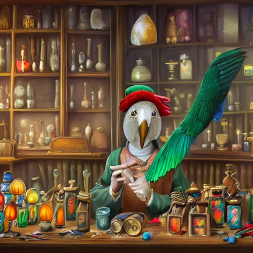 Image similar to Anthropomorphized parrot trader in his shop, shelves full, selling a gem, portrait, items, magic potions, carpet, window, intricate Renaissance hat, sly expression , cunning expression, cute expression, presenting magic gem, D&D, fantasy, cinematic lighting, highly detailed, digital painting, artstation, concept art, smooth, sharp focus, illustration, warm light, cozy warm tint, magic the gathering artwork, volumetric lighting, 8k, no gold, no gold colours, art by Akihiko Yoshida, Greg Rutkowski