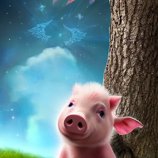 Prompt: cute piglet, with a pair of angelic wings, blue flames from the mouth, hitting the dead trees on the grassland, under the clear sky, rich details, fantasy, avatar style