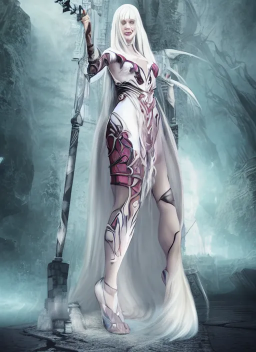 Image similar to An epic fantasy comic book style full body painting of a pale girl with long straight white hair, she is wearing a dress with a chess pattern, Unreal 5, DAZ, hyperrealistic, octane render, cosplay, RPG portrait, dynamic lighting