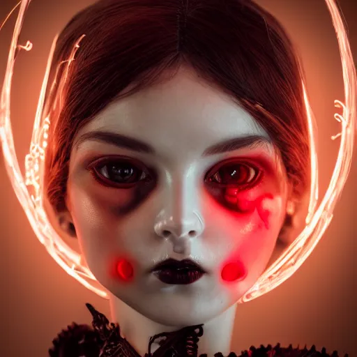 Image similar to Gorgeous feminine porcelain doll with cracking skin and machine parts, glowing red eyes, full body portrait, wires, cyborg, beautiful shattered porcelain skin, gothic, steampunk, glowing red eyes, magic runes, feminine anatomy, witchcraft, hex, shadows, cinematic lighting, octane render, 8k high detail