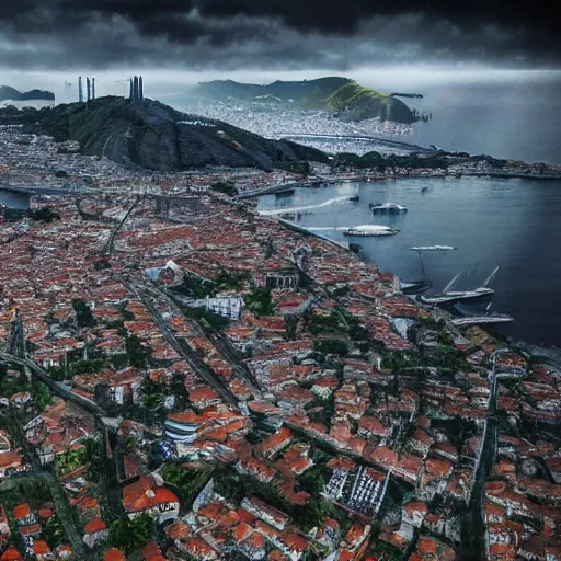 Prompt: king kong destroying funchal's city bay near the streets view from below under the clouds, trampled, by caio fantinim, trending on artstation, award winning, 3 d render