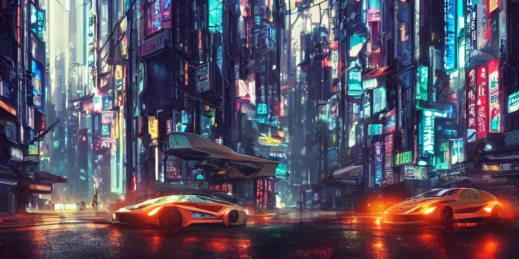 Image similar to Cyberpunk street with futuristic car in the foreground on a rainy day in Japan, evening, low angle view, detailed matte painting, cinematic, Moebius, Artstation