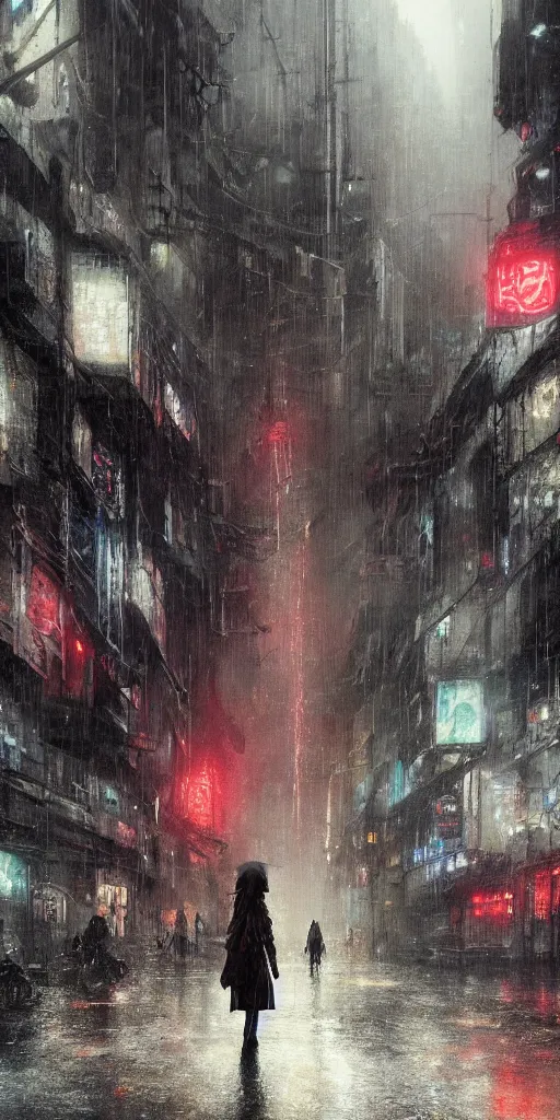 Prompt: a concept art landscape of a woman in the foreground, back to camera, standing in a claustrophobic neotokyo city, standing in the rain with an umbrella, wet, emphasis on tall buildings, dirty, low angle, neotokyo, japanese by greg rutkowski, highly detailed background, intricate