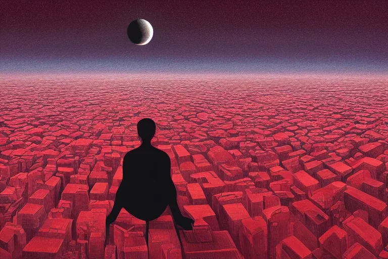 Prompt: massive large human dark black unassuming figure in center of psychdelic city tranquil dreamworld in the clouds, surrealist and abstract digital art trending on artstation by artist Rob Gonsalves and Mark Riddick supreme peace immense knowledge maroon scarlet ruby cherry reds only restricted palette dmt art