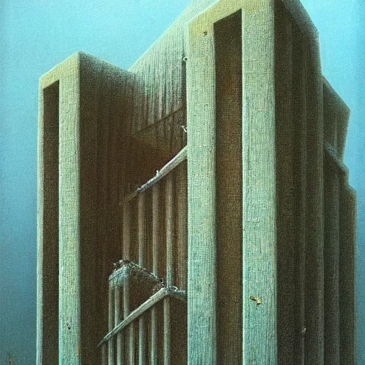 Prompt: buildings the size of gods, eco-brutalism, by Zdzisław Beksiński