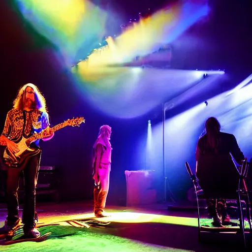 Prompt: New Age Psychedelic Rock band on stage, dramatic lighting, award winning professional music photography