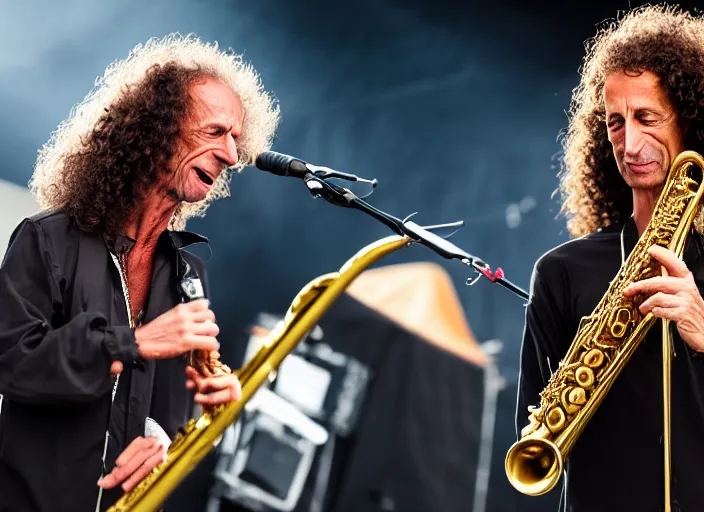 Image similar to photo still of kenny g on stage at vans warped tour!!!!!!!! at age 4 8 years old 4 8 years of age!!!!!!! playing saxophone, 8 k, 8 5 mm f 1. 8, studio lighting, rim light, right side key light