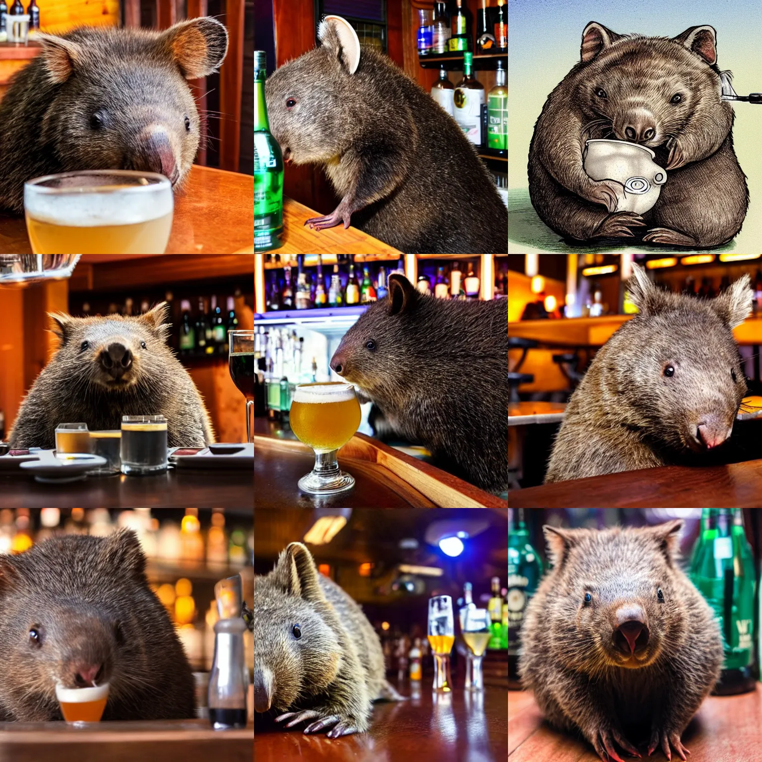 Prompt: a wombat getting drunk in a bar